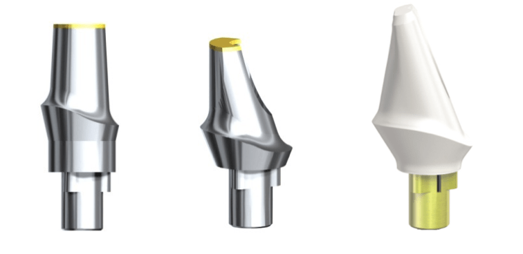 Raw materials used for healing abutments, including titanium rods, zirconia blanks, and PEEK bars, before machining